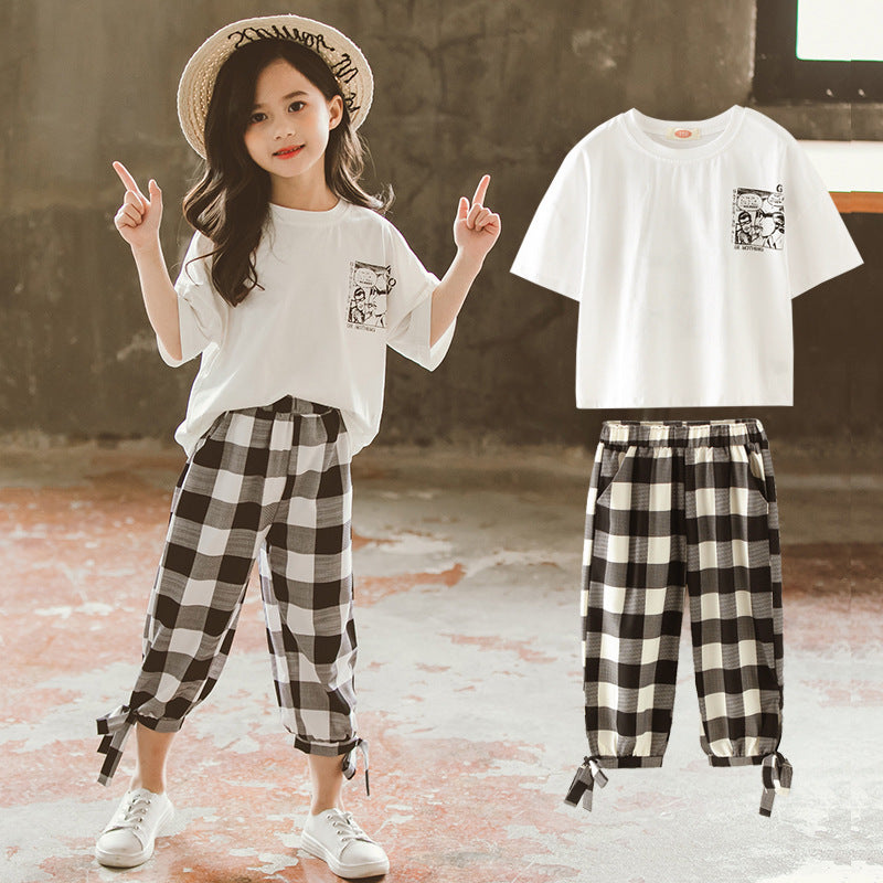 Two-piece printed plaid cropped trousers