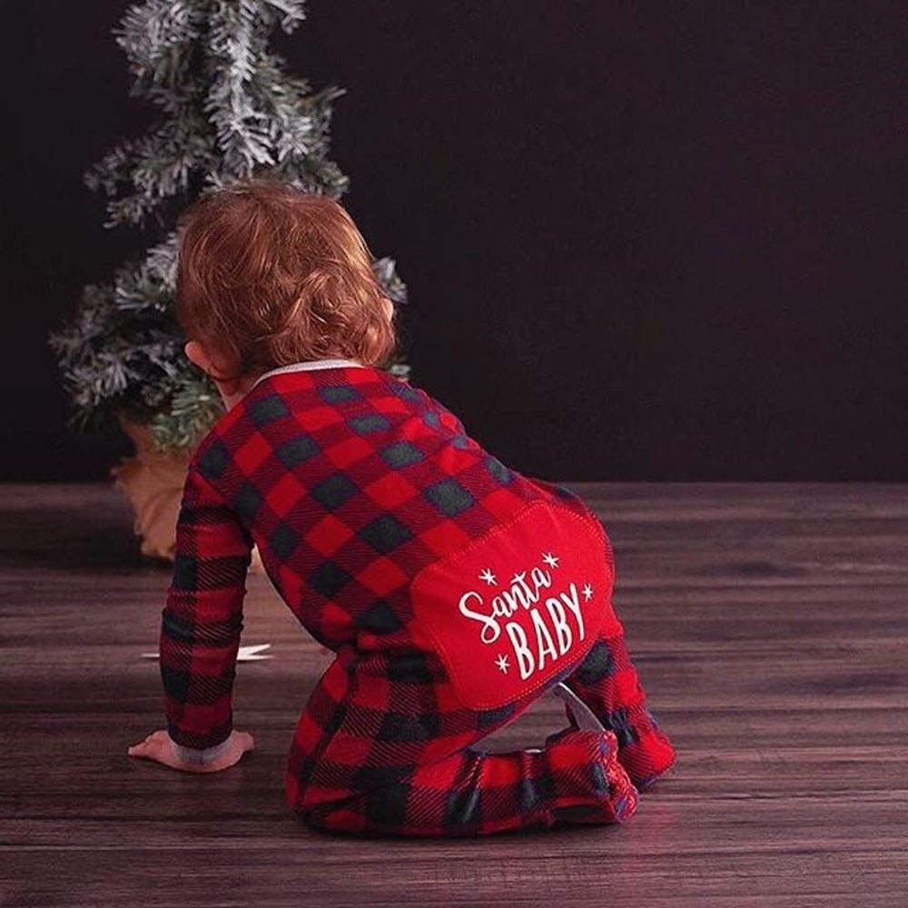 Infant Baby Boys Girls Christmas Santa XMAS Letter Plaid Romper